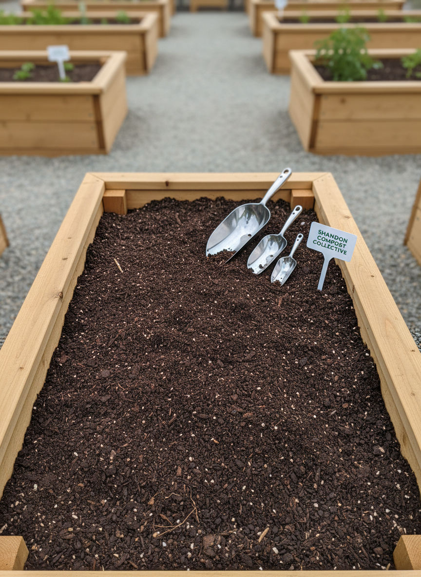 A close-up, top-down view of a clean, rectangular raised garden bed filled with rich, dark, freshly screened compost, its crumbly texture clearly visible against the smooth cedar wood frame. A set of stainless-steel soil scoops and a minimalist, white plant label reading “Shandon Compost Collective” rest neatly on one corner of the bed. The scene is set in a tidy community garden with evenly spaced beds and gravel walkways softly blurred in the background. Overcast daylight provides even, diffused lighting, reducing harsh shadows and emphasizing texture. The mood is calm, methodical, and professional, captured with photographic realism and a structured, balanced layout suitable for a nonprofit sustainability website.